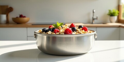 Sticker - A sunlit kitchen counter displays a stainless steel bowl brimming with a healthy breakfast mixture of oatmeal, plump raspberries, and juicy blueberries, ready to be enjoyed.