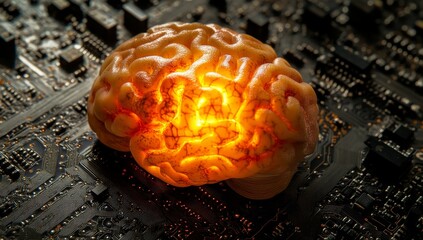 Poster - Illuminated brain model on circuit board.