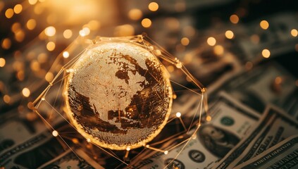 Wall Mural - Global finance, illuminated world map on money.