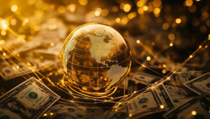 Poster - Global finance, illuminated glass globe on dollar bills, network connections.