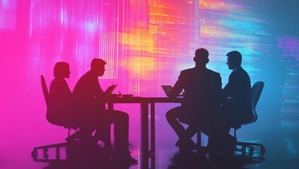 Poster - Silhouetted business team meeting, digital background.