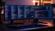 © adri - Two curved monitors displaying code at a programmer's desk.