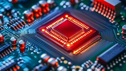 Aufkleber - Close-up of illuminated microchip on circuit board.