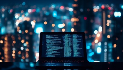 Poster - Night cityscape bokeh with laptop displaying code.