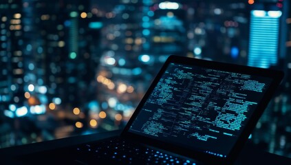Poster - Night city lights blurred background, laptop screen displays code.