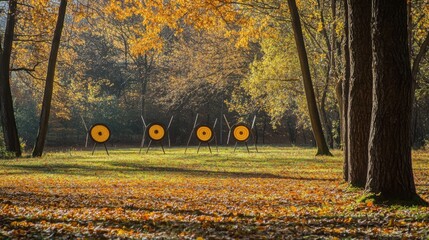 Poster - A serene archery range set amidst a tranquil forest clearing, Archery targets aligned against a backdrop of autumn leaves, Natural outdoor style