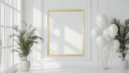 Wall Mural - Gold framed poster mockup in a white elegant room with balloons and plants.