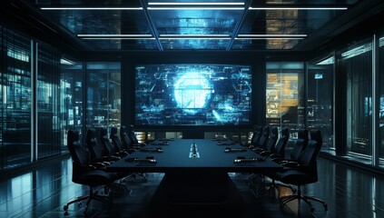 Poster - Futuristic meeting room with large screen displaying data.