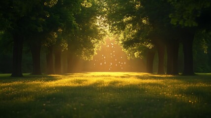 Wall Mural - Golden Sunlight Illuminates a Meadow Between Trees