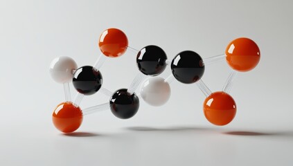 Wall Mural - Abstract molecule model with orange, black, and white spheres connected by transparent rods on a white background.