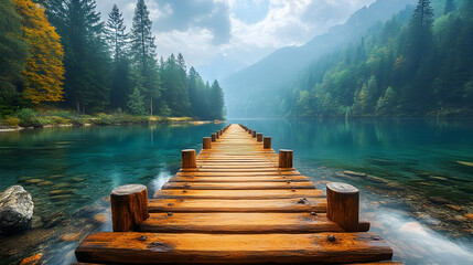 Sticker - A serene wooden dock extending into a tranquil lake surrounded by lush mountains and trees.