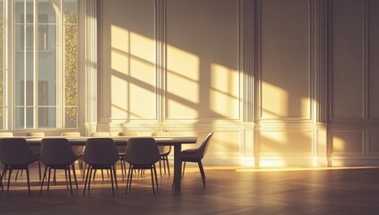 Wall Mural - Sunlit modern dining room with large window and paneled walls.