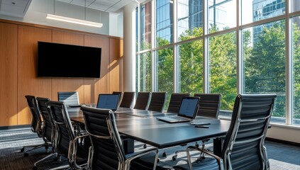 Wall Mural - Modern conference room with large windows,  table, chairs, and screen.