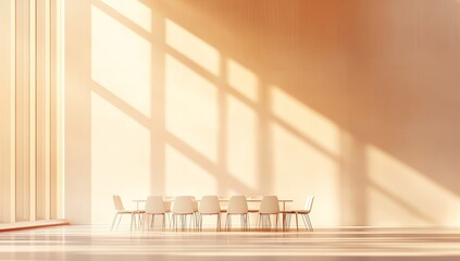 Wall Mural - Sunlit minimalist dining room with a long table and chairs.