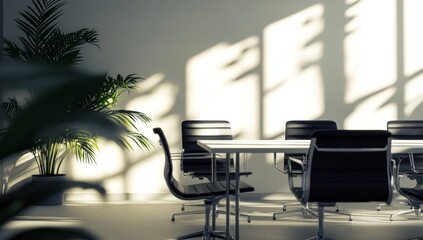 Wall Mural - Sunlit modern office conference room with chairs and table.