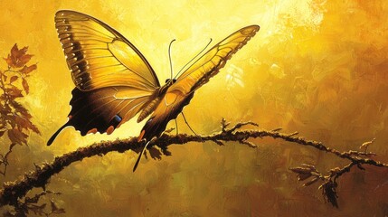 Wall Mural - Golden butterfly perched on branch, sunlit.