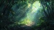 © bulegendut - Sunbeams illuminate a lush, green jungle path.