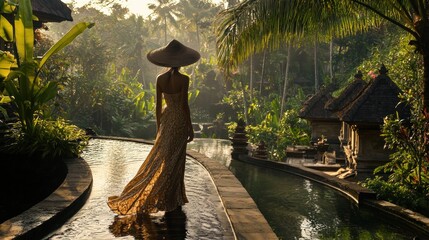 Canvas Print - Woman in flowing dress walks along tranquil water path in lush tropical paradise at sunrise.