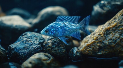 Poster - Vibrant blue fish swimming amidst smooth river rocks.