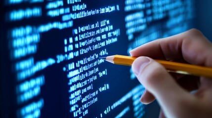  C# code, hand with pencil points c sharp programming language code on monitor