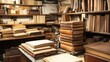 © ArpPSIqee - A tranquil bookbinding studio with tools and stacks of handmade journals, Bookbinding tools arranged amidst shelves of leather and paper, Artisanal bookbinding style
