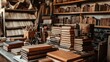 © ArpPSIqee - A tranquil bookbinding studio with tools and stacks of handmade journals, Bookbinding tools arranged amidst shelves of leather and paper, Artisanal bookbinding style