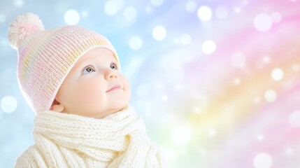 Canvas Print - Adorable baby with knit hat and scarf looking up at dreamy background