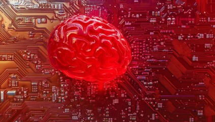 Aufkleber - Red brain model on a circuit board.
