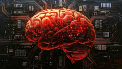 Aufkleber - Illuminated brain on circuit board, AI concept.