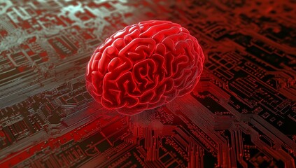 Aufkleber - Red human brain on a circuit board.