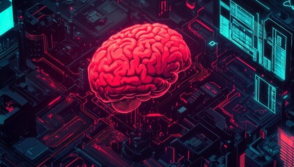 Aufkleber - Human brain integrated into futuristic circuit board.