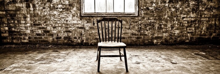 Poster - A solitary wooden chair in an empty, rustic room with a window.