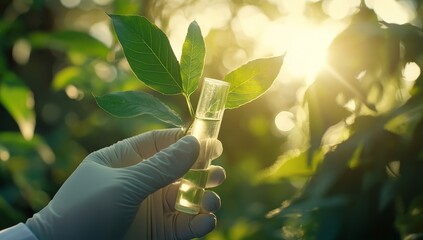 Canvas Print - Scientist's hand in glove holding test tube with plant extract.