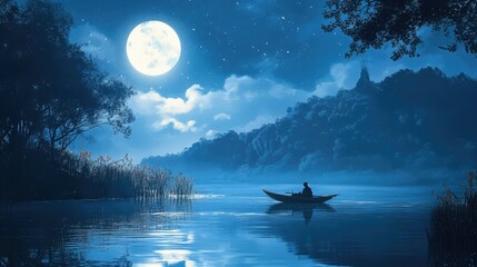  Serene Night Landscape with Full Moon and Tranquil Water Reflection