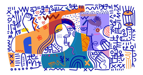  abstract hand drawing face portrait doodle geometric decorative  outlines vector illustration. Line art aesthetic design for wall art, prints, cards, poster, decoration, bannner.