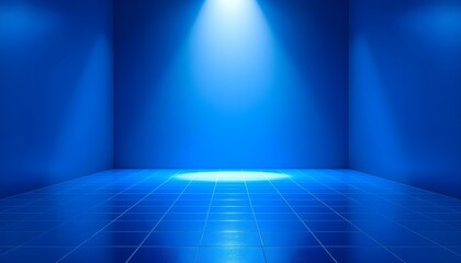 Aufkleber - Abstract light blue background with tile floor and spotlight for product presentation. Abstract blue concrete room background for product presentation. Blue spotlight shines on a dark tiled floor.