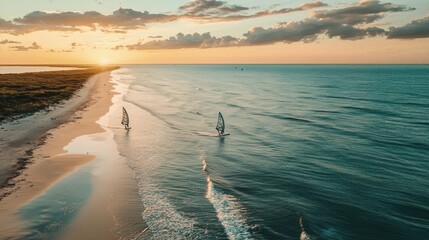 Poster - Aerial view of windsurfers at sunset on a tranquil beach.