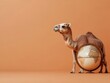 © Creator88 - Camel standing next to an old globe in the desert, animal travel, symbol of global adventure