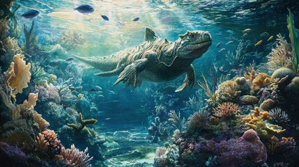 Poster - Prehistoric Marine Reptile Among Vibrant Coral Reef