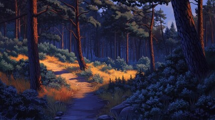 Poster - Sunlit path winding through a dense forest at dusk.