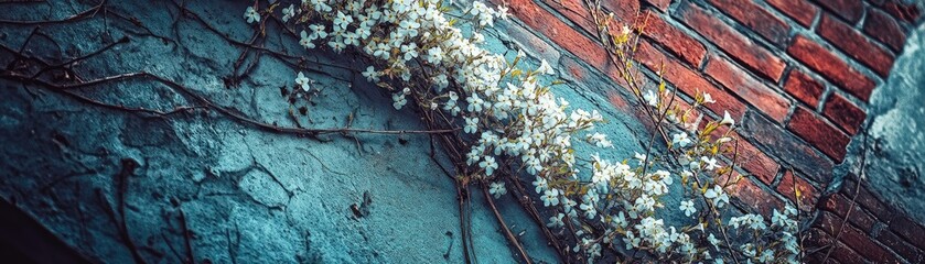 Wall Mural - A close-up of a brick wall adorned with climbing plants and delicate white flowers.