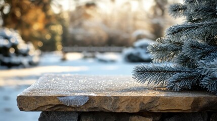 Poster - Frosty winter scene with snow-covered stone surface and pine branch.