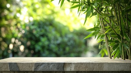 Aufkleber - Empty stone table with bamboo and blurred green background.