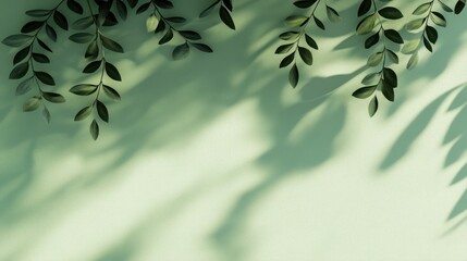 Poster - Overhead view of green leaves and shadows on a pastel green background.