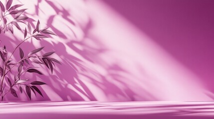 Aufkleber - Pink background with plant and shadow, minimalist product display.