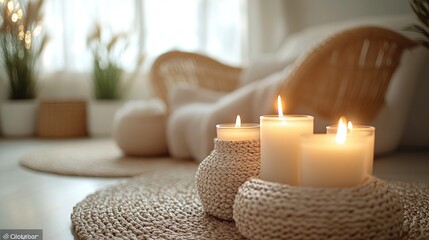 Wall Mural - Cozy living room with burning candles, wicker furniture, and jute rug.