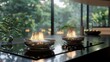© bulegendut - Two modern bioethanol fireplaces on a kitchen counter near a window.