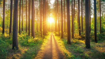 Poster - Sunlit path through a lush pine forest at sunset.
