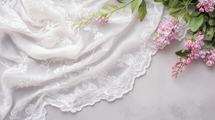 Poster - White lace fabric with pink flowers on gray background.