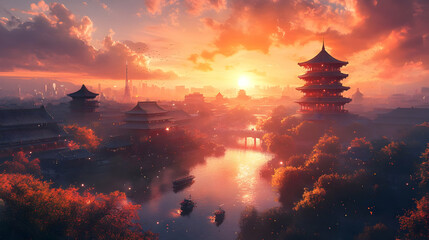 Sticker - A serene sunset over a traditional landscape with pagodas and a river.